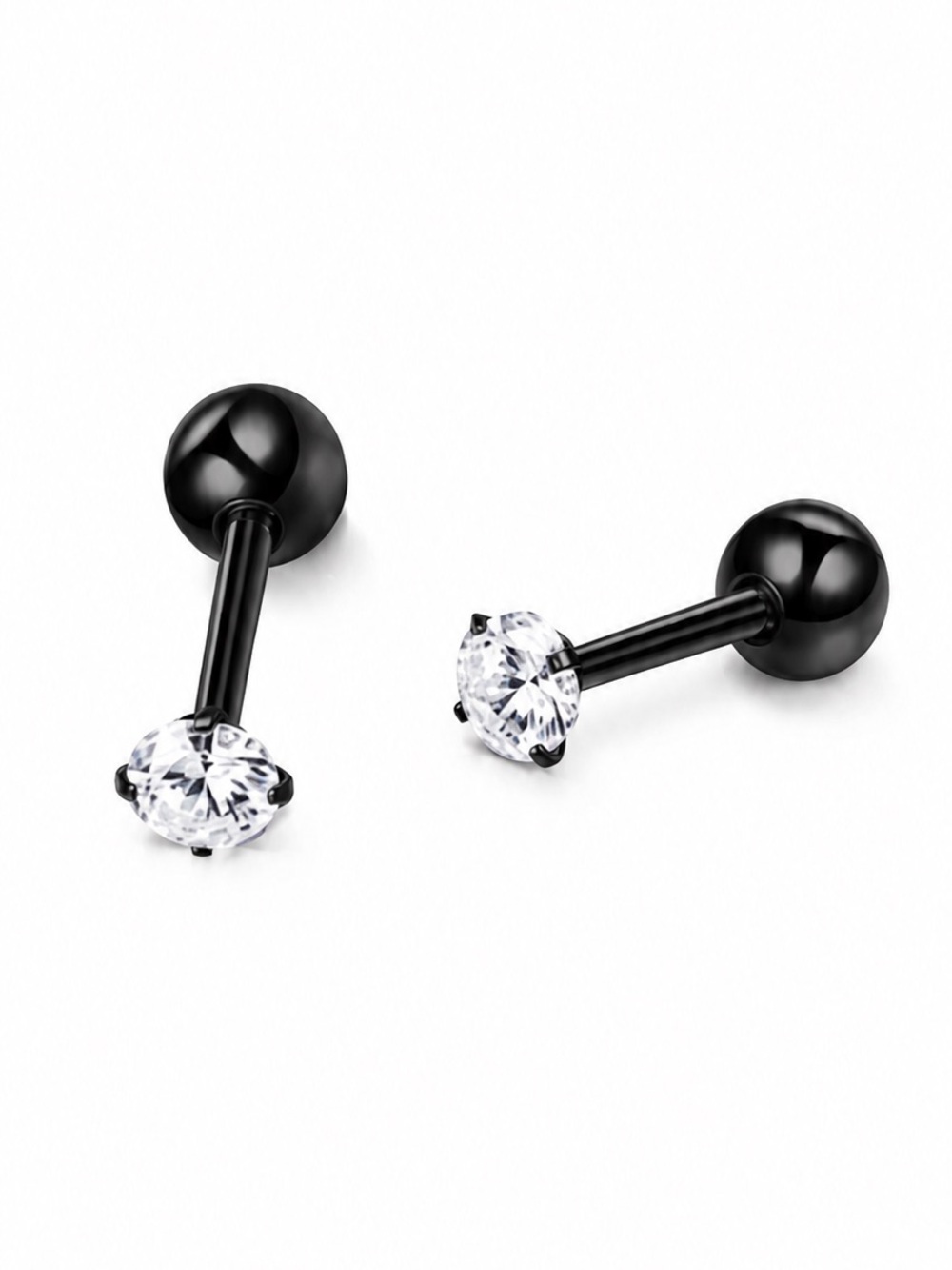 Black CZ Barbell Stud Cartilage Earrings Stainless Steel 18G 3mm - Picture 7 of 7